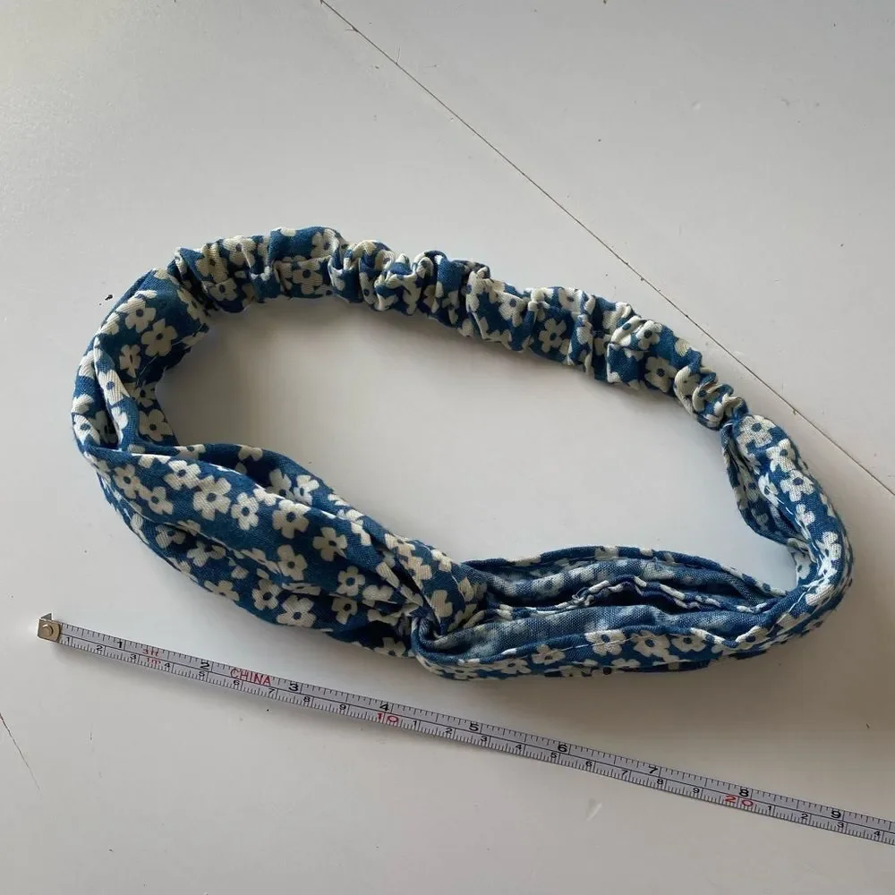 Blue and White Flower Knot Fabric Headband